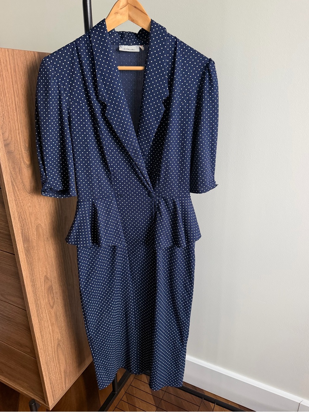 Vintage 3 Suisses Le Chouchou Navy Blue Polka Dot Peplum Midi Dress Size S/M